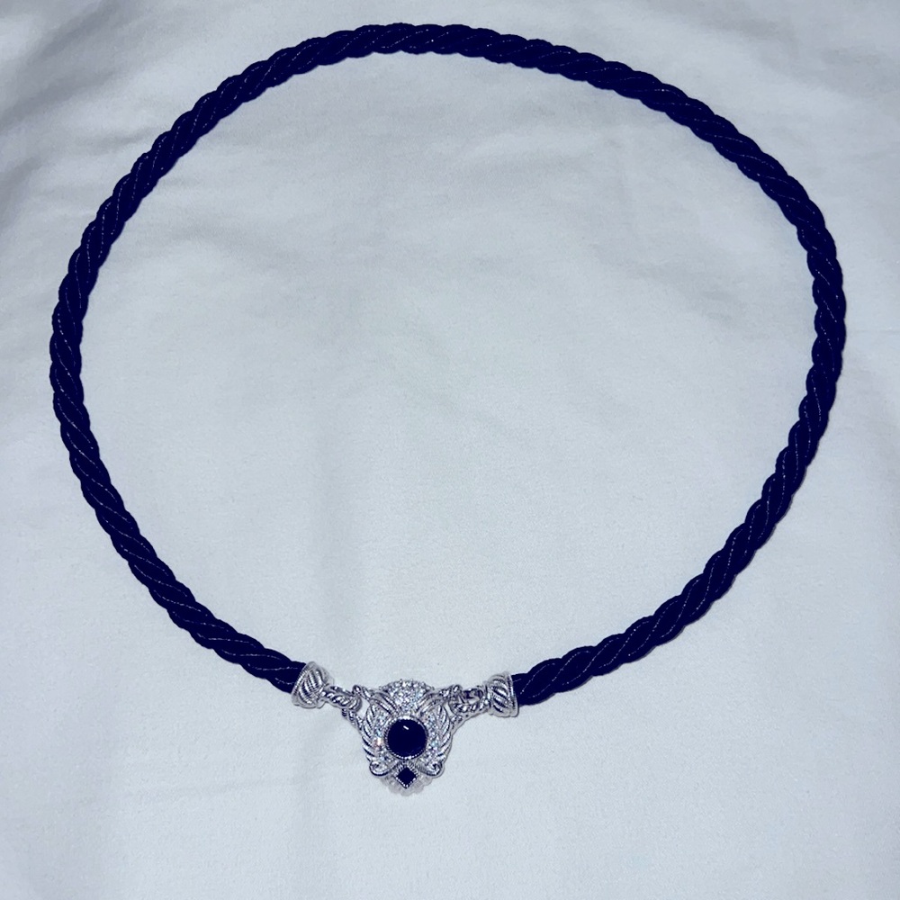 Judith Ripka black nylon necklace with sterling silver & jewel pendant.